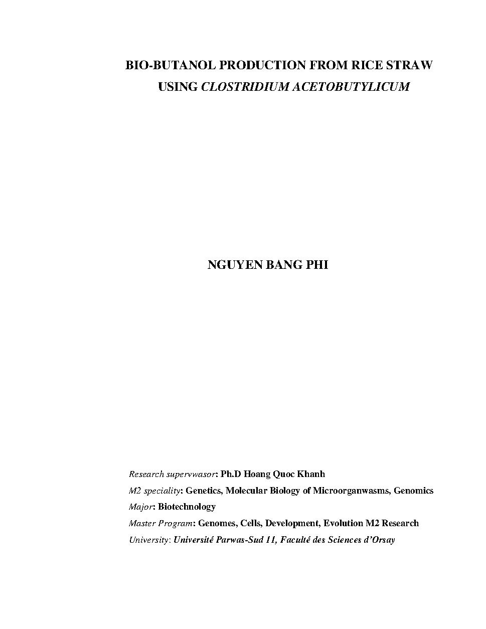 Bio- Butanol Production from rice straw using clostridium acetobutylicum