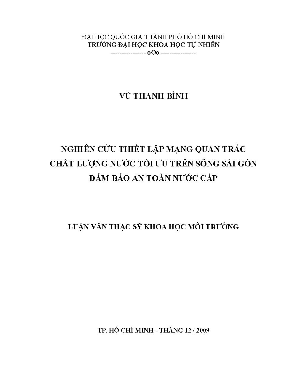 Nghiên cứu thiết lập mạng quan trắc chất lượng nước tối ưu trên sông Sài gòn đảm bảo an toàn nước cấp