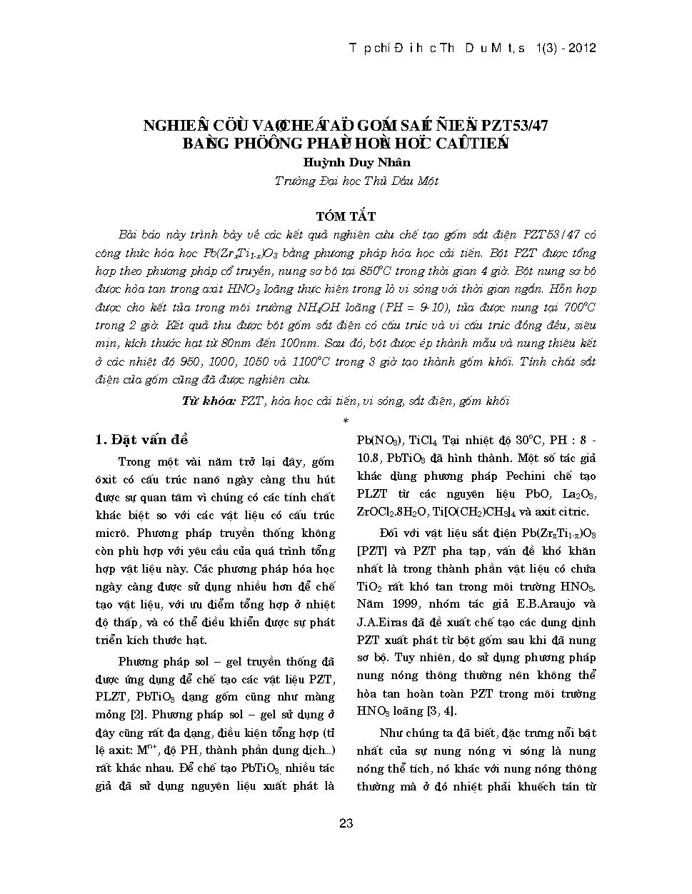 Nghiên cứu và chế tạo gốm sắt điện pzt53/47 bằng phương pháp hóa học cải tiến