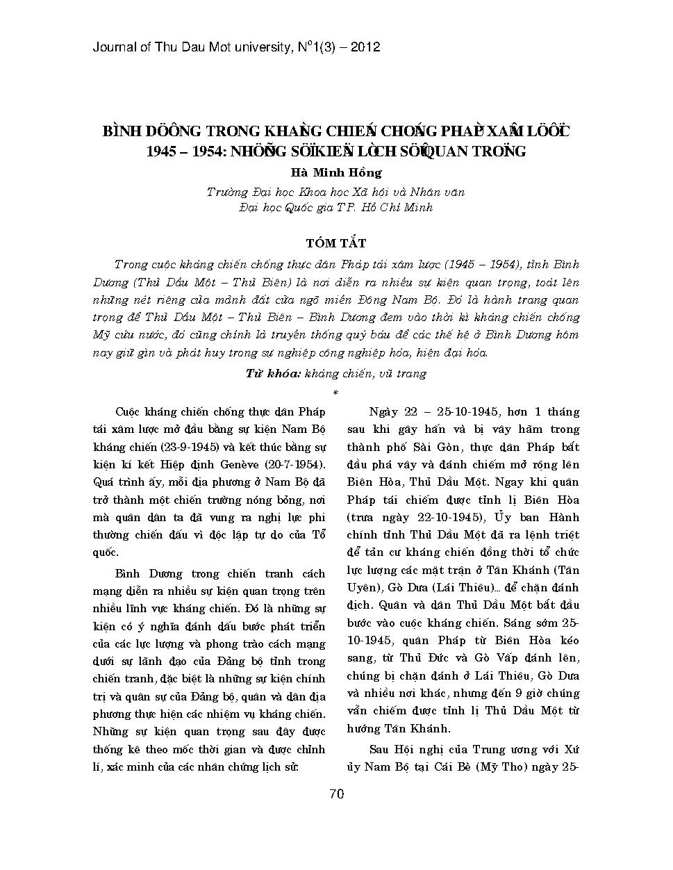 Bình dương trong kháng chiến chống pháp xâm lược 1945-1954: những sự kiện lịch sử quan trọng