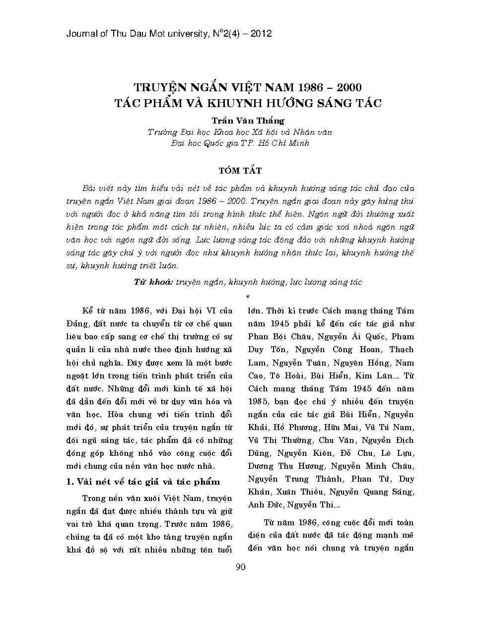 Truyện ngắn Việt Nam 1986 - 2000 tác phẩm và khuynh hướng sáng tác