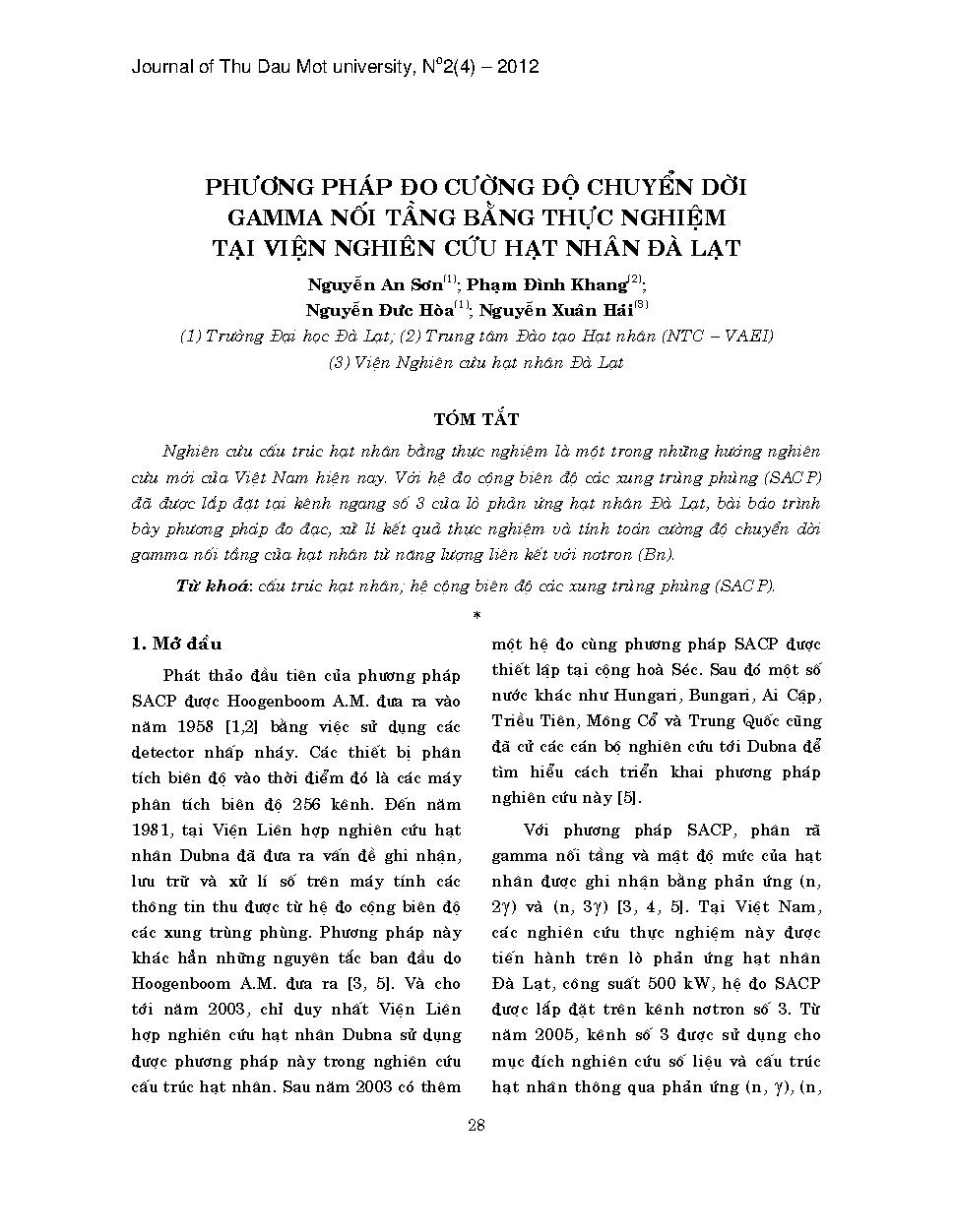 Phương pháp đo cường độ chuyển dời gamma nối tầng bằng thực nghiệm tại viện nghiên cứu hạt nhân Đà Lạt