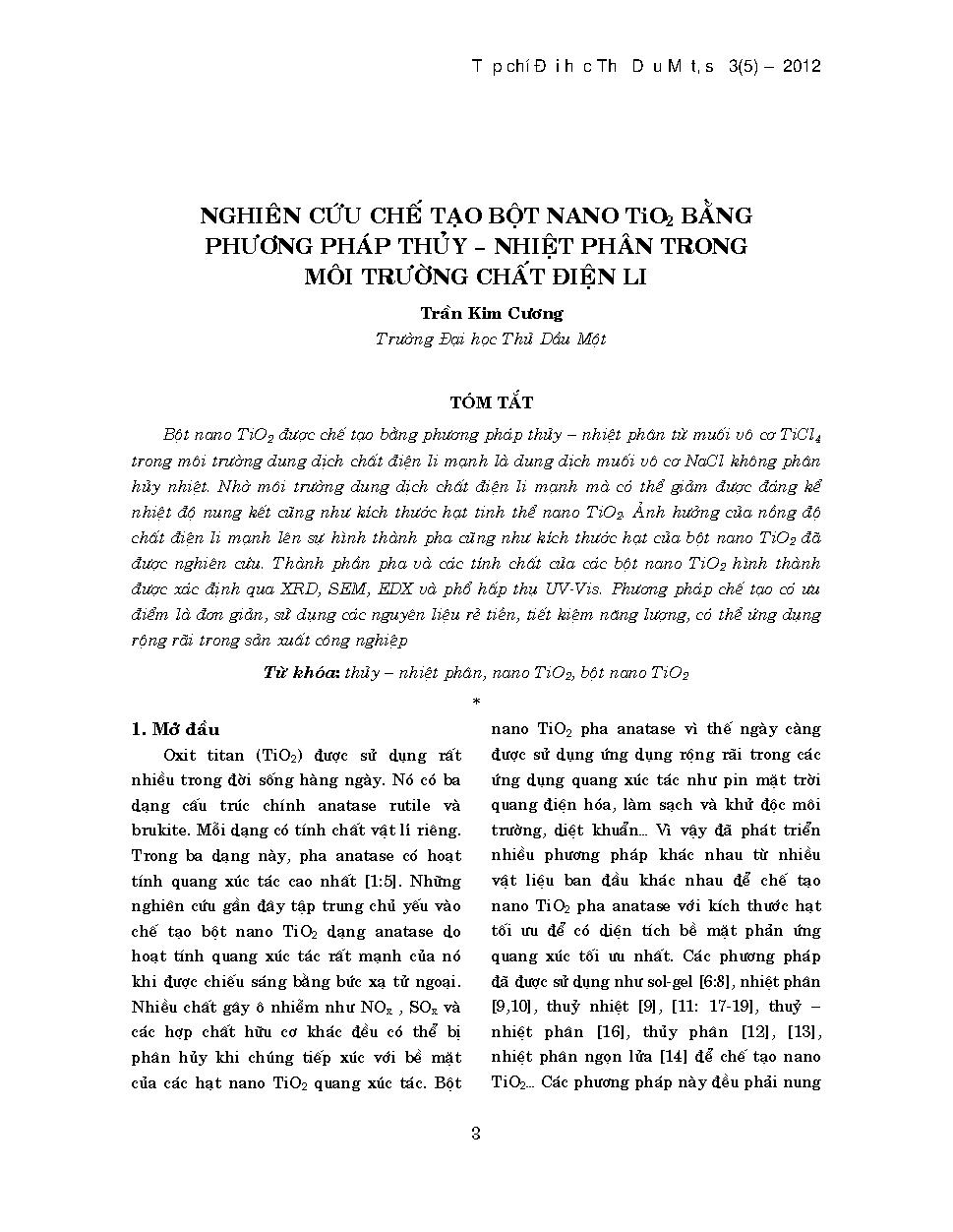 Nghiên cứu chế tạo bột nano tio2 bằng phương pháp thủy - nhiệt phân trong môi trường chất điện li