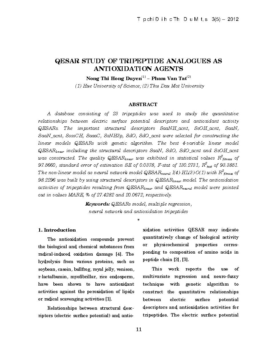 Qesar study of tripeptide analogues as antioxidation agents = Nghiên cứu qesar của nhóm tripeptide như các tác nhân chống oxi hóa