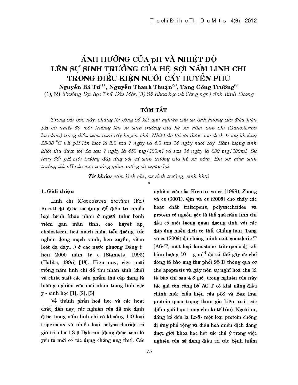 Ảnh hưởng của ph và nhiệt độ lên sự sinh trưởng của hệ sợi nấm linh chi trong điều kiện nuôi cấy huyền phù