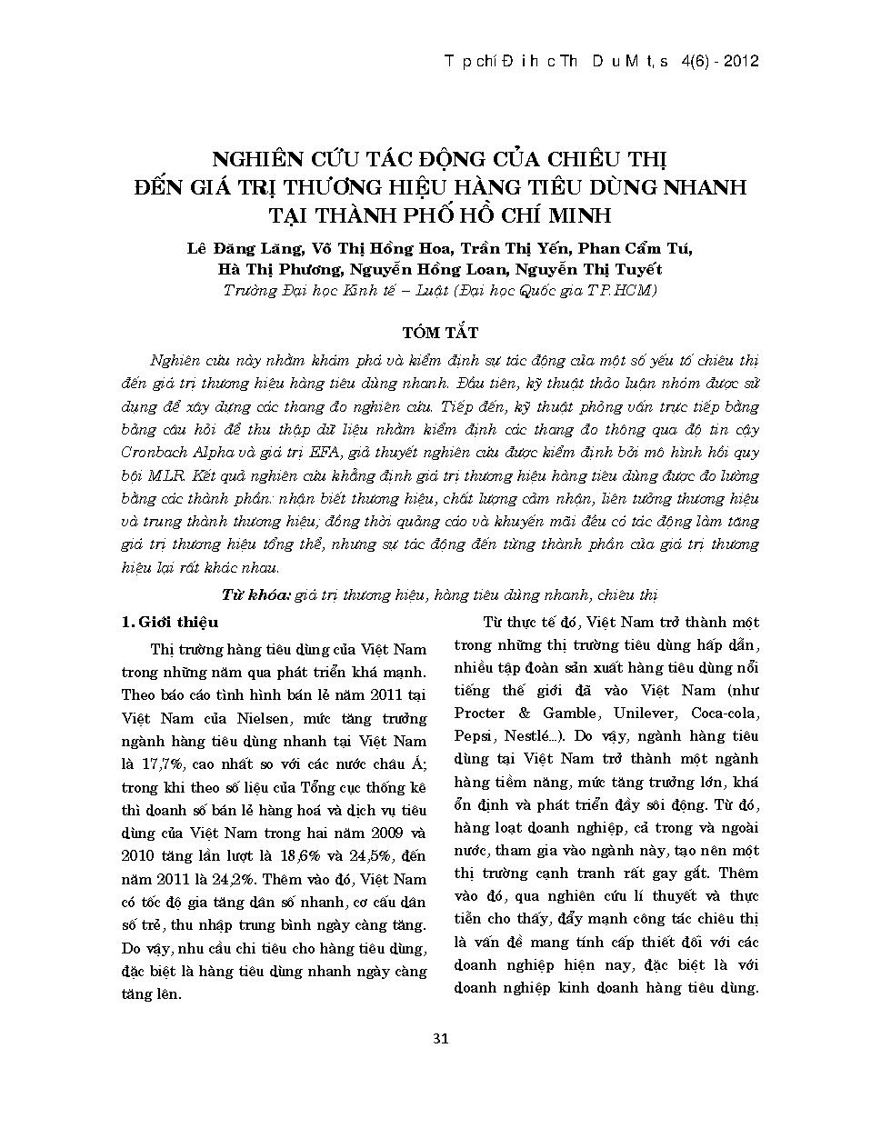 Nghiên cứu tác động của chiêu thị đến giá trị thương hiệu hàng tiêu dùng nhanh tại thành phố Hồ Chí Minh