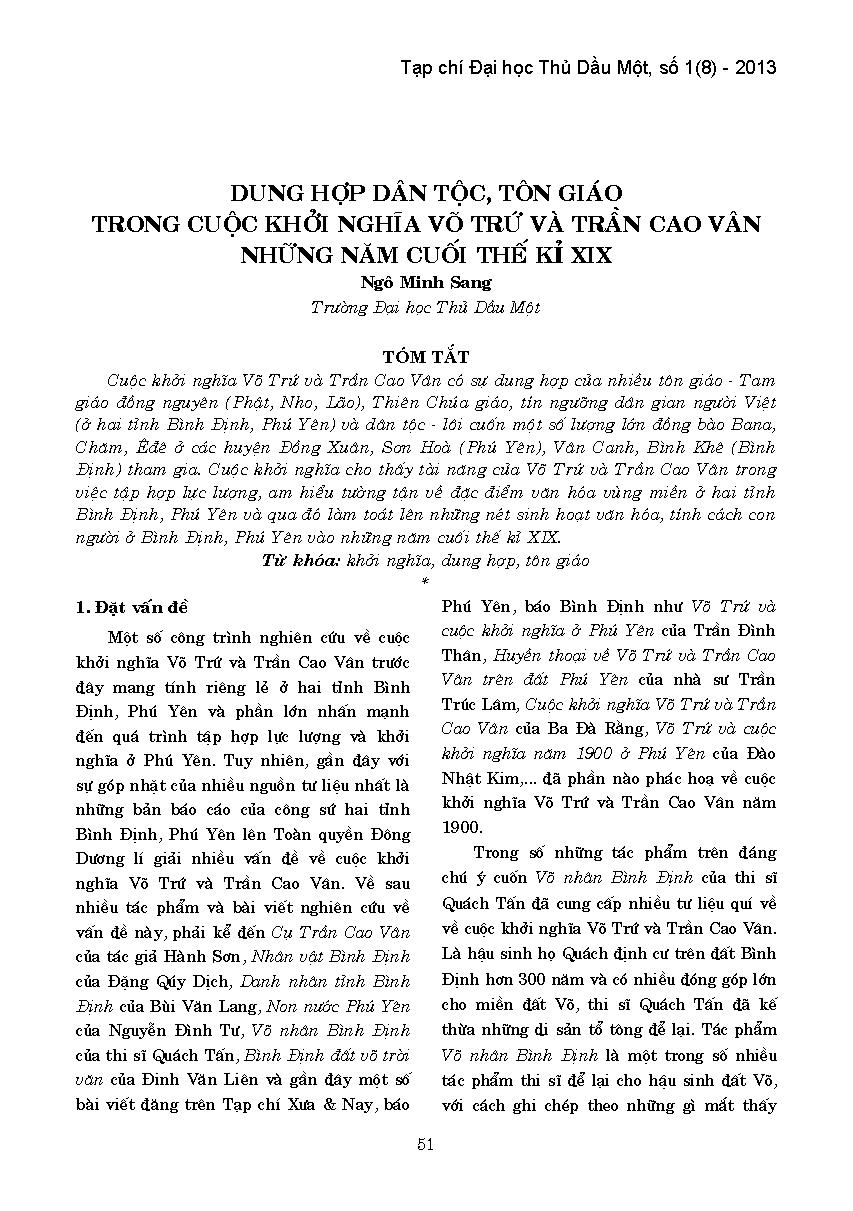 Dung hợp dân tộc, tôn giáo trong cuộc khởi nghĩa Võ Trứ và Trần Cao Vân những năm cuối thế kỉ XIX