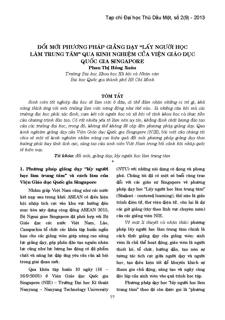 Đổi mới phương pháp giảng dạy "Lấy người học làm trung tâm" qua kinh nghiệm của viện giáo dục quốc gia Singapo