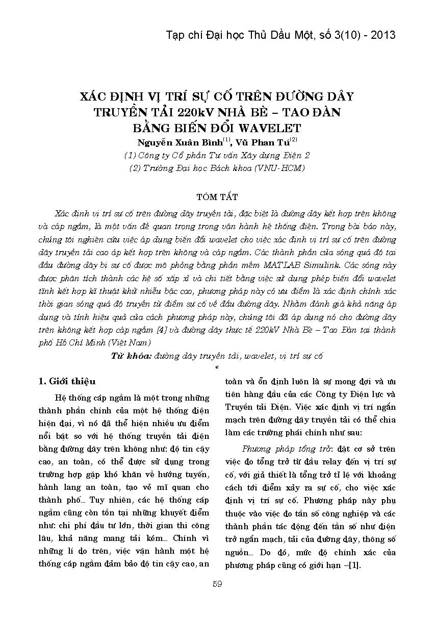 Xác định vị trí sự cố trên đường dây truyền tải 220KV Nhà Bè - Tao Đàn bằng biến đổi  Wavelet