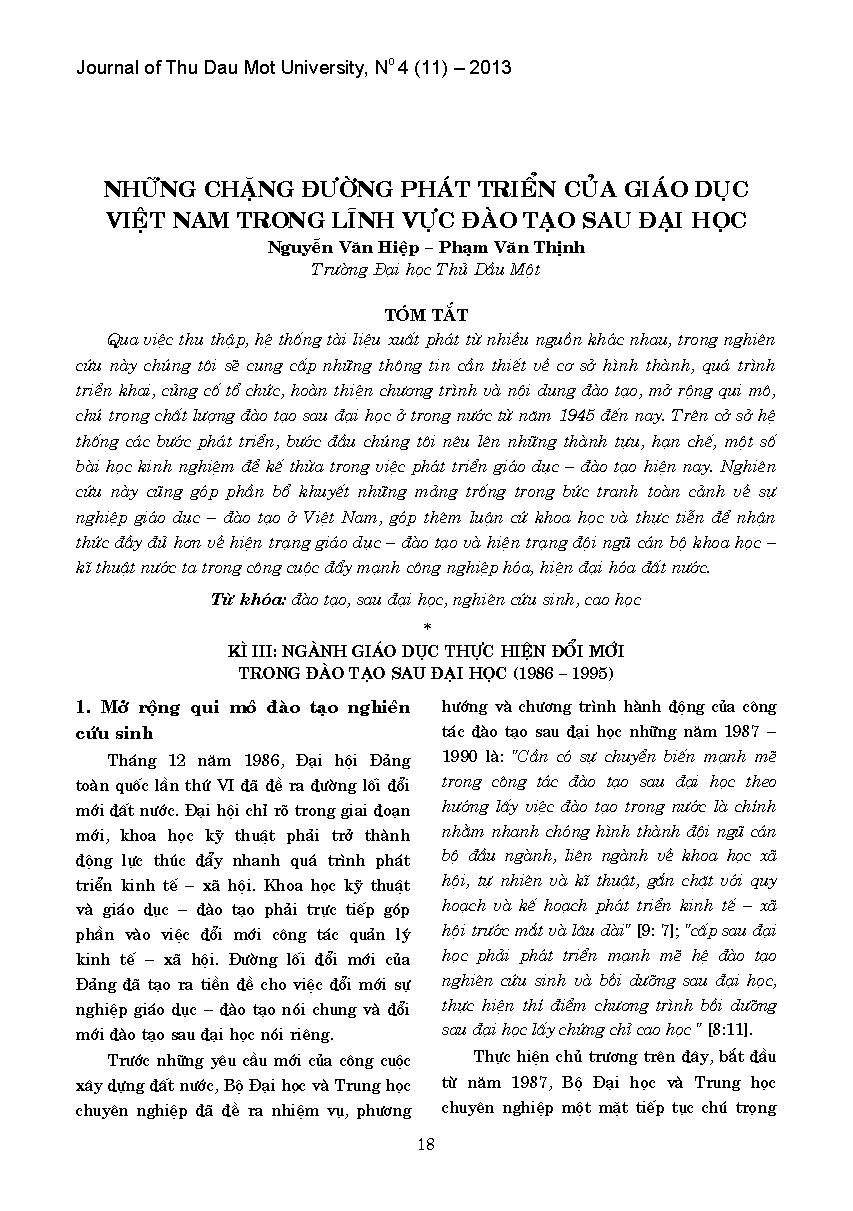 Những chặng đường phát triển của giáo dục Việt Nam trong lĩnh vực đào tạo sau đại học :$bKỳ III: Ngành giáo dục thực hiện đổi mới trong đào tạo sau đại học (1986-1995)