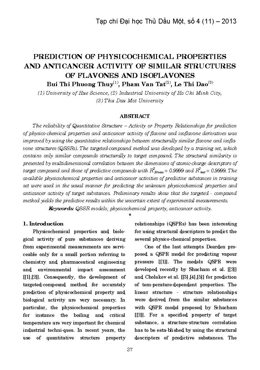 Prediction of physicochemical properties and anticancer activity of similar structures of flavones and isoflavones =$bDự đoán tính chất hóa lý và hoạt tính kháng ung thư của các cấu trúc tương tự nhau của các flavone và isolavone