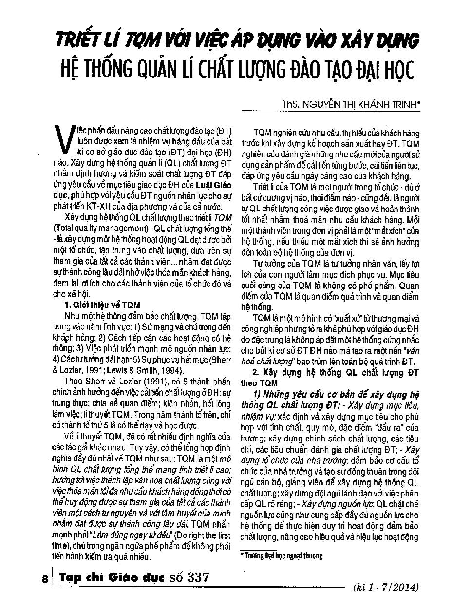 Triết lí TQM với việc áp dụng vào xây dựng hệ thống quản lí chất lượng đào tạo đại học