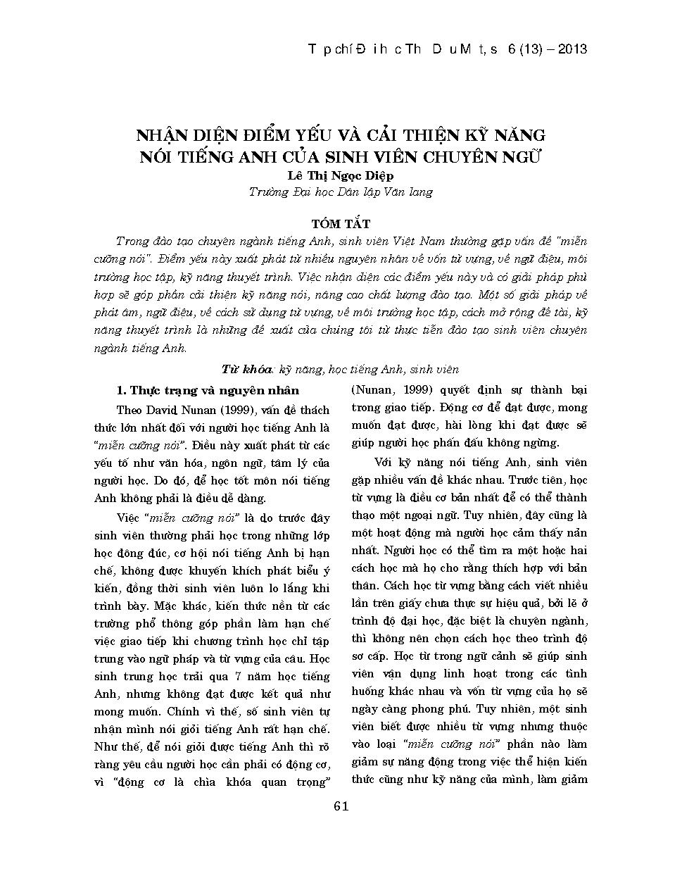 Nhận diện điểm yếu và cải thiện kỹ năng nói tiếng anh của sinh viên chuyên ngữ