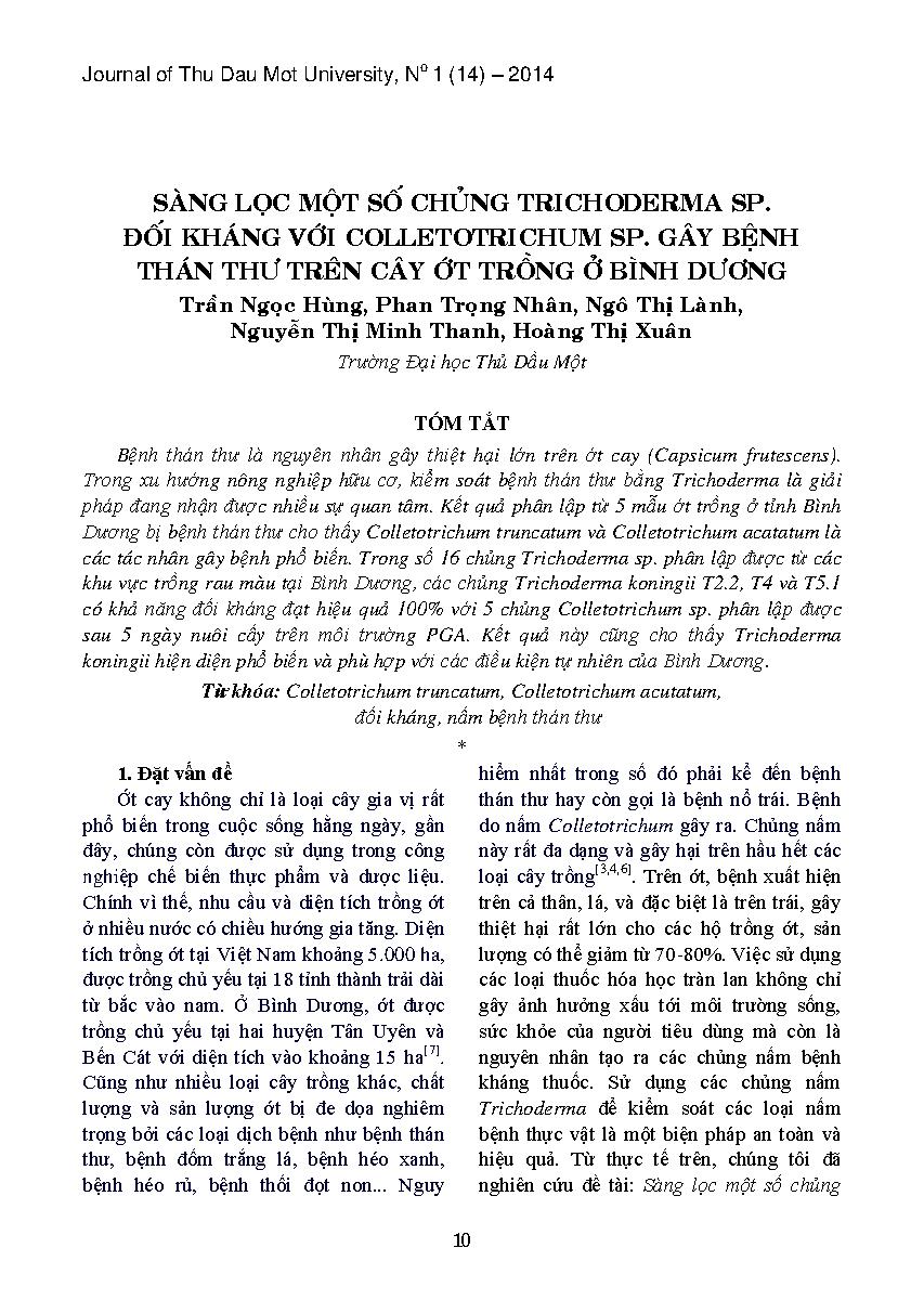 Sàng lọc một số chủng trichoderma sp. đối kháng với collettotrchum sp. gây bệnh thán thư trên cây ớt trồng ở Bình Dương