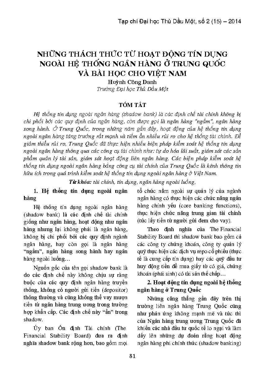 Những thách thức từ hoạt động tín dụng ngoài hệ thống ngân hàng ở Trung Quốc và bài học cho Việt Nam