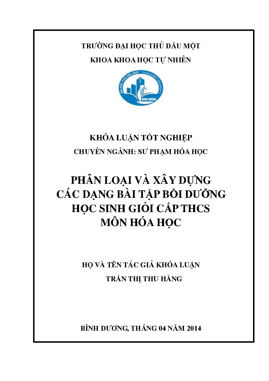 Phân loại và xây dựng các dạng bài tập  bồi dưỡng học sinh giỏi cấp THCS môn Hóa học