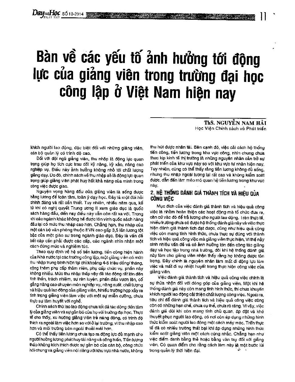 Bàn về các yếu tố ảnh hưởng tới động lực của giảng viên trong trường đại học công lập ở Việt Nam hiện nay