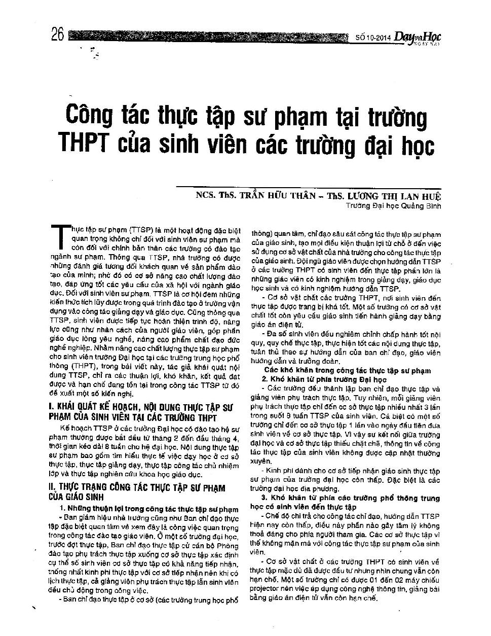 Công tác thực tập sư phạm tại trường THPT của sinh viên các trường đại học