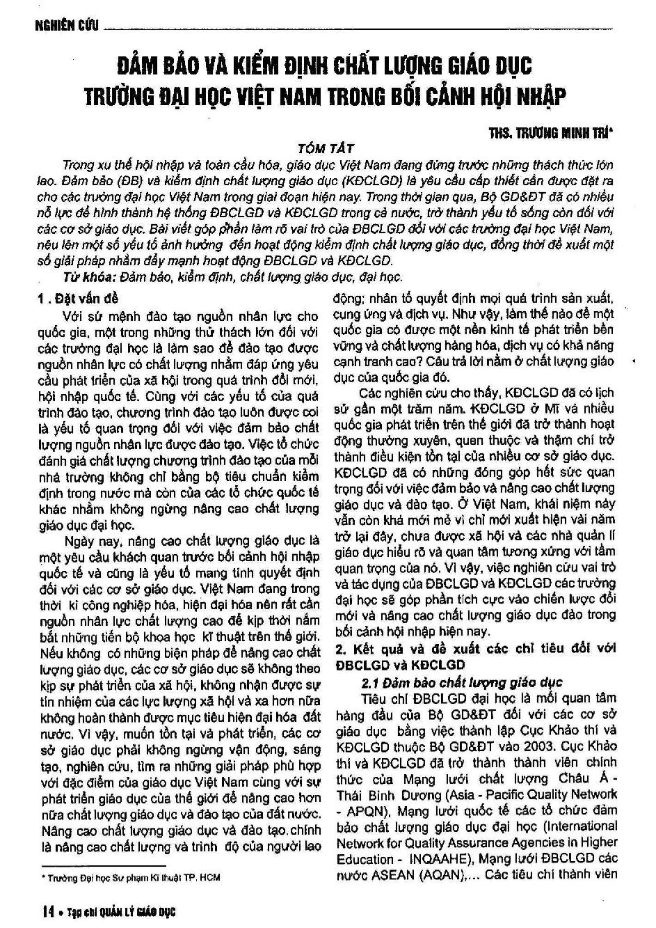 Đảm bảo kiểm định chất lượng giáo dục trường đại học Việt Nam trong bối cảnh hội nhập