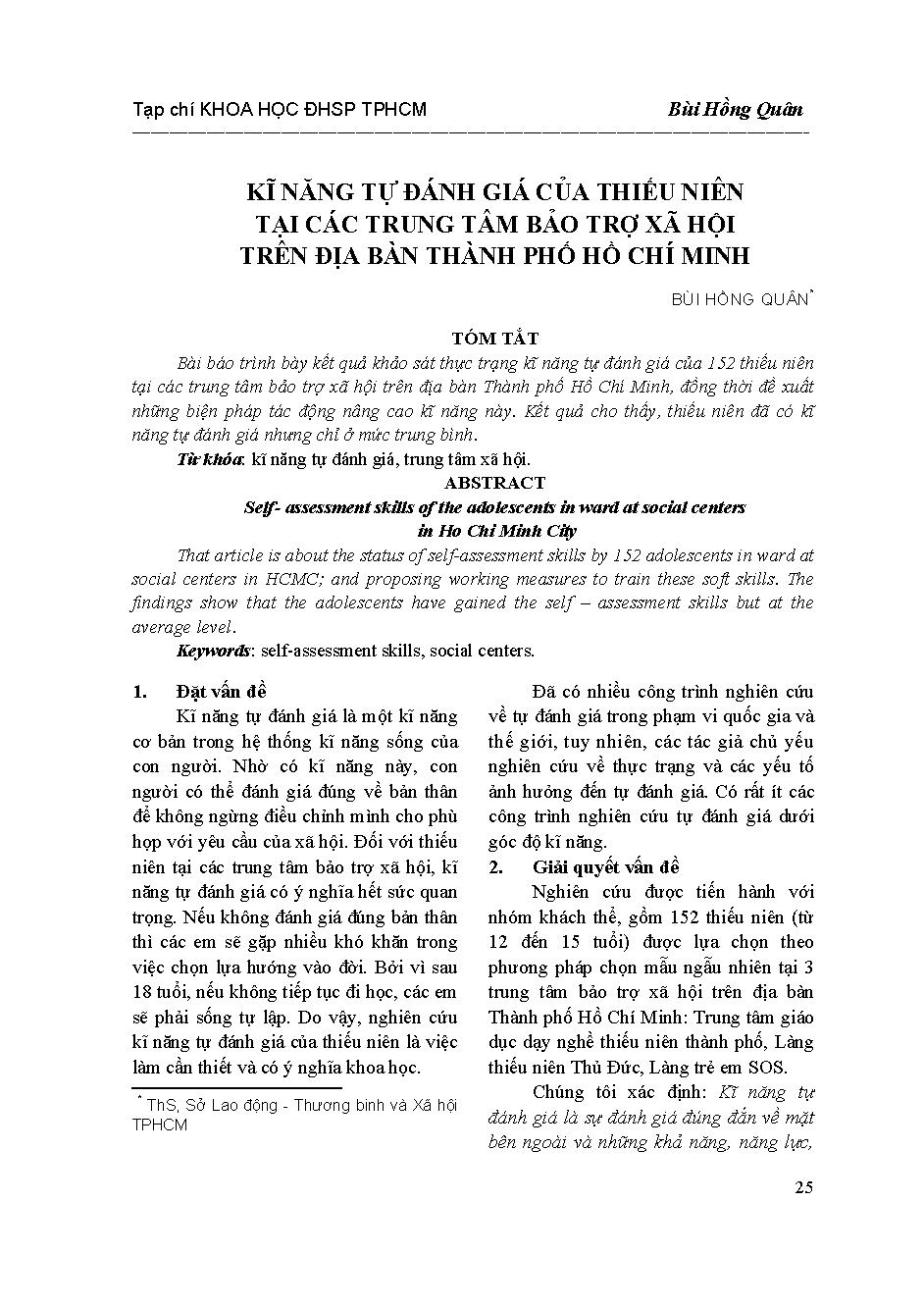 Kỹ năng tự đánh giá của thiếu niên tại các trung tâm bảo trợ xã hội trên địa bàn Thành phố Hồ Chí Minh