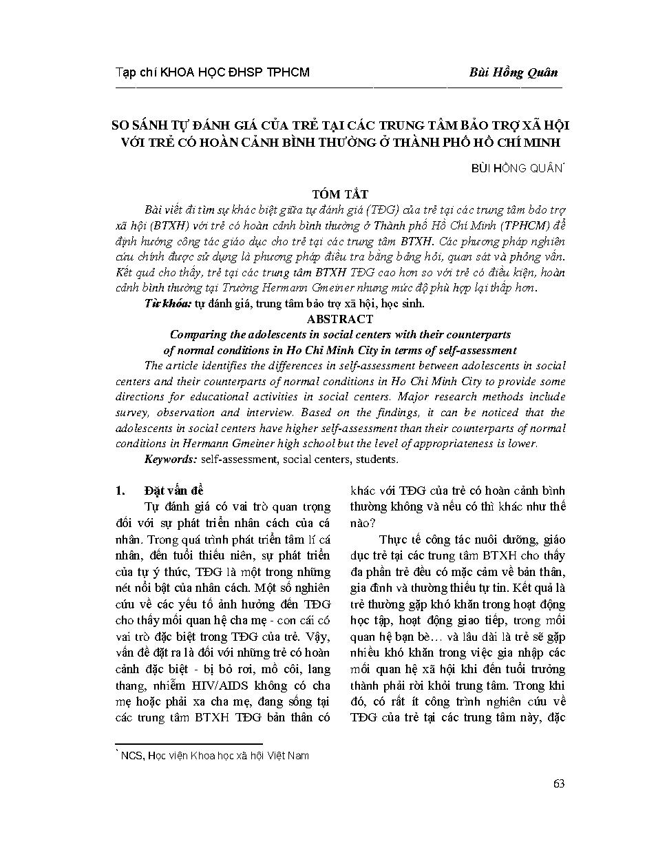 So sánh tự đánh giá của trẻ tại các Trung tâm bảo trợ xã hội với trẻ có hoàn cảnh bình thường ở Thành phố Hồ Chí Minh