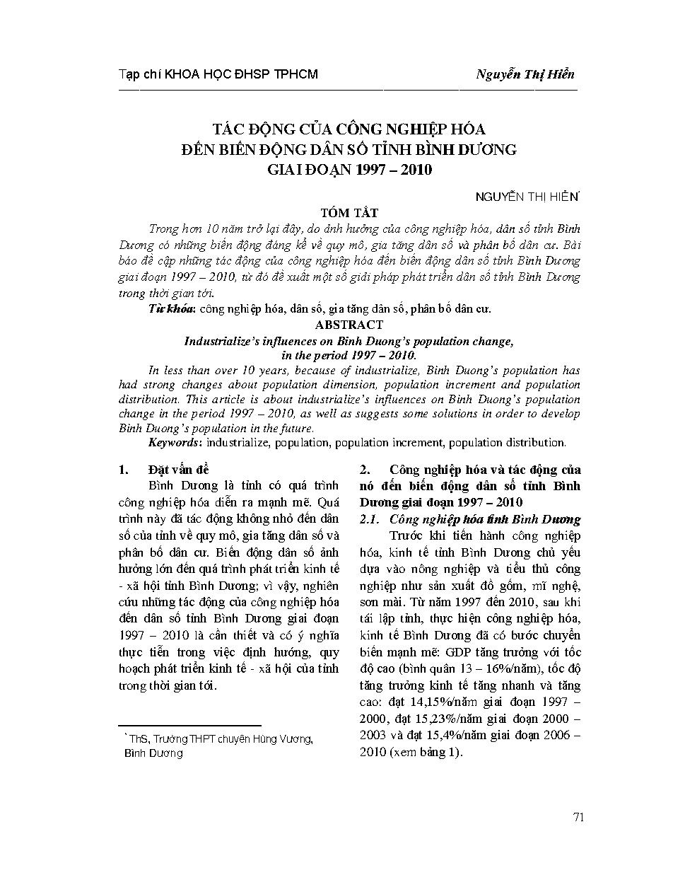 Tác động của công nghiệp hóa đến biến động dân số tỉnh Bình Dương giai đoạn 1997 - 2010