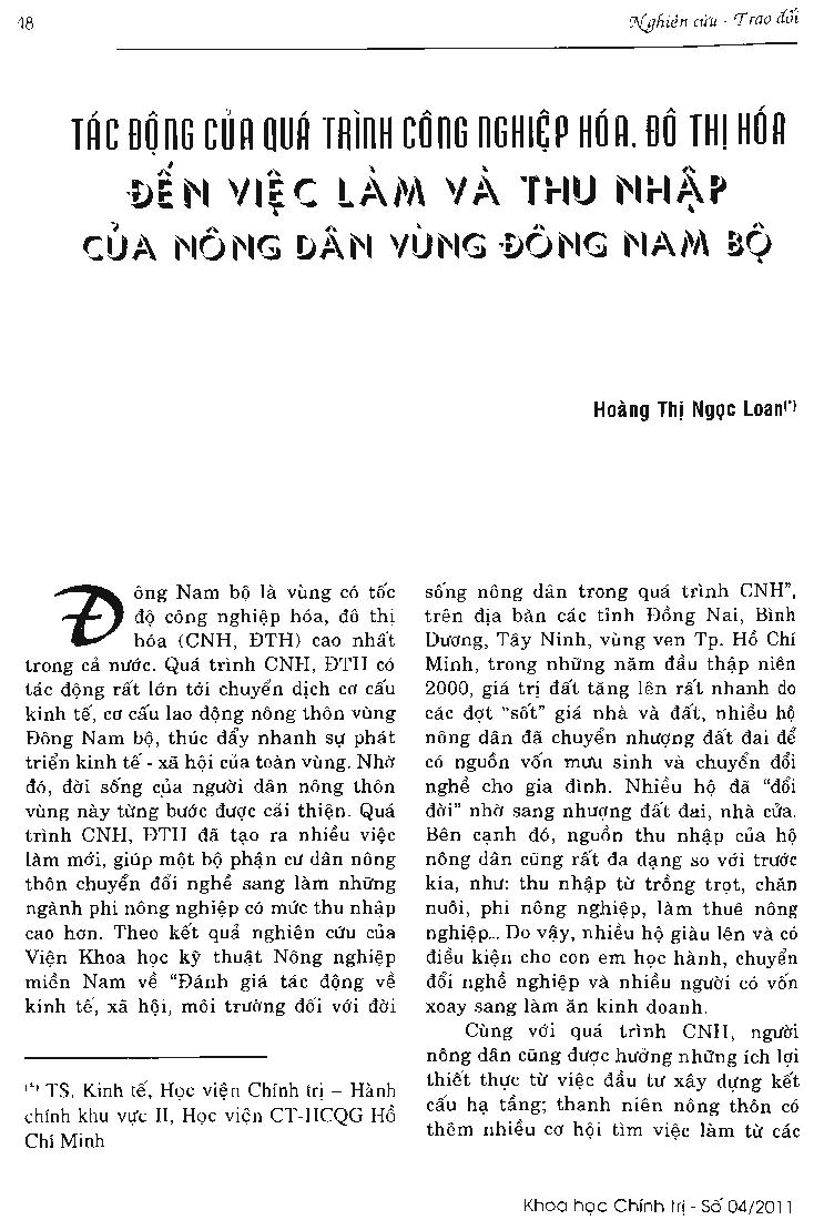 Tác động của quá trình công nghiệp hóa, đô thị hóa đến việc làm và thu nhập của nông dân vùng Đông Nam Bộ