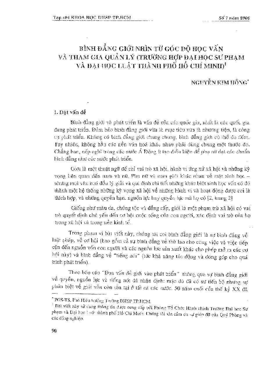 Bình đẳng giới nhìn từ góc độ học vấn và tham gia quản lý (trường hợp Đại học Sư phạm và Đại học Luật Thành phố Hồ Chí Minh