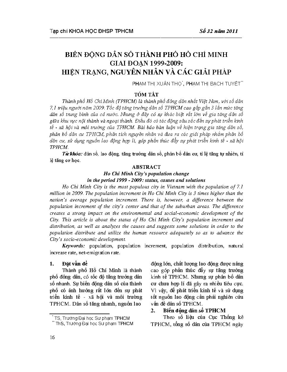 Biến động dân số Thành phố Hồ Chí Minh giai đoạn 1999 - 2009: hiện trạng, nguyên nhân và các giải pháp