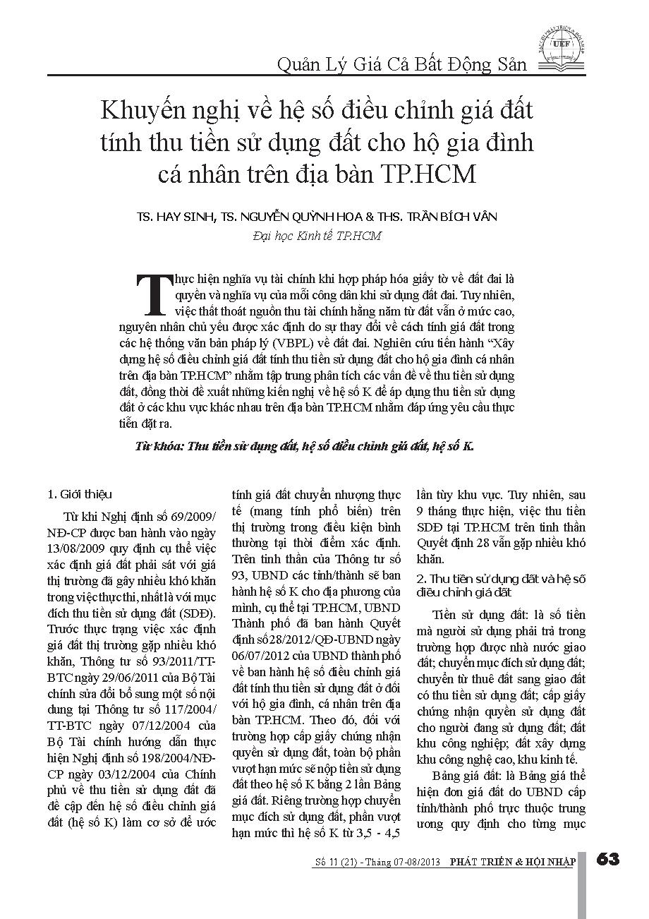 Khuyến nghị về hệ số điều chỉnh giá đất tính thu tiền sử dụng đất cho hộ gia đình cá nhân trên địa bàn TPHCM