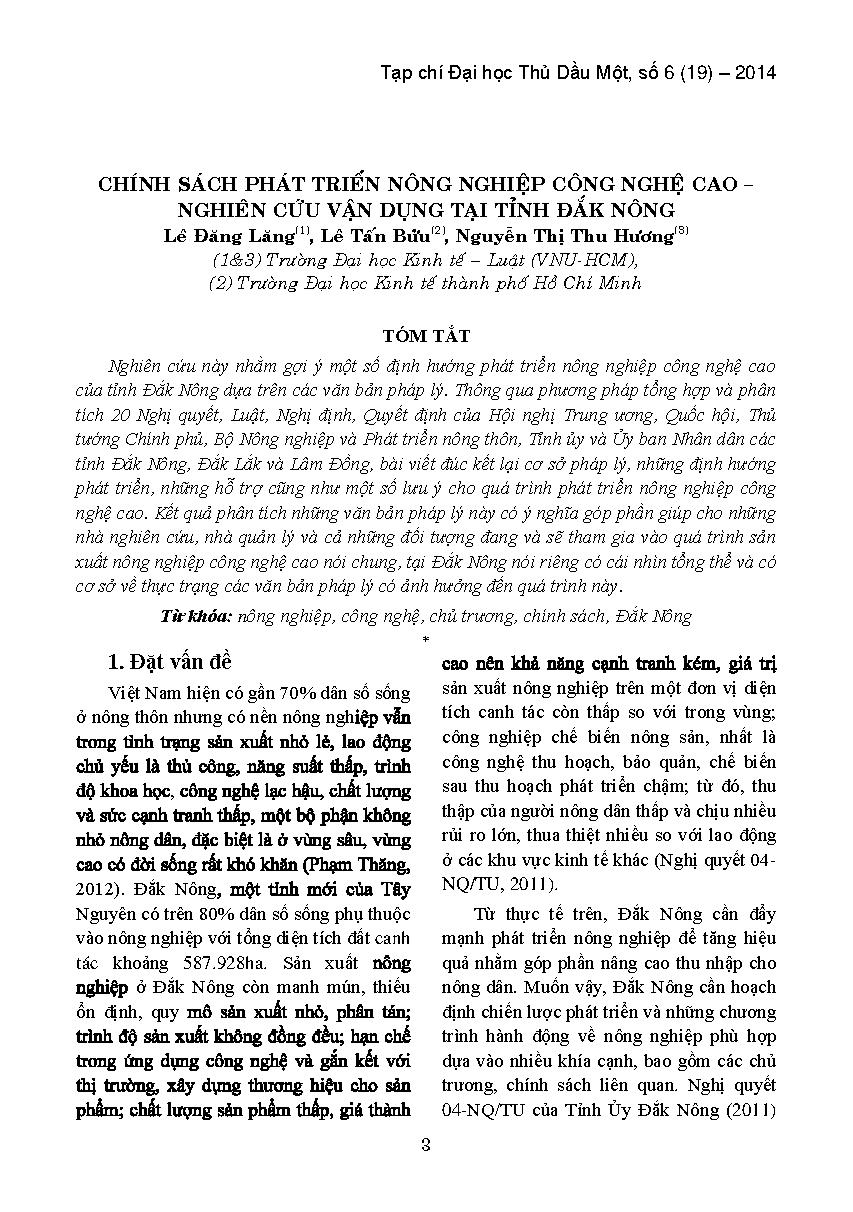 Chính sách phát triển nông nghiệp công nghệ cao - nghiên cứu vận dụng tại tỉnh Đăk Nông