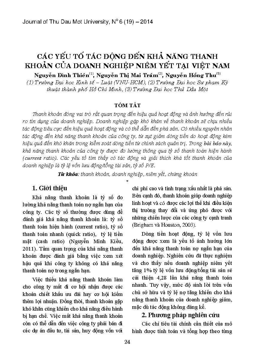 Các yếu tố tác động đến khả năng thanh khoản của doanh nghiệp niêm yết tại Việt Nam