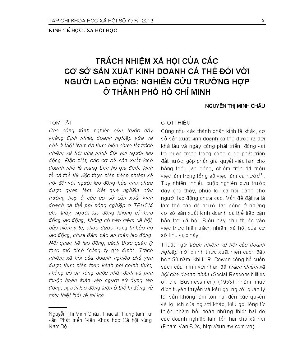 Trách nhiệm xã hội của các cơ sở sản xuất kinh doanh cá thể đối với người lao động :$bnghiên cứu trường hợp ở Thành phố Hồ Chí Minh