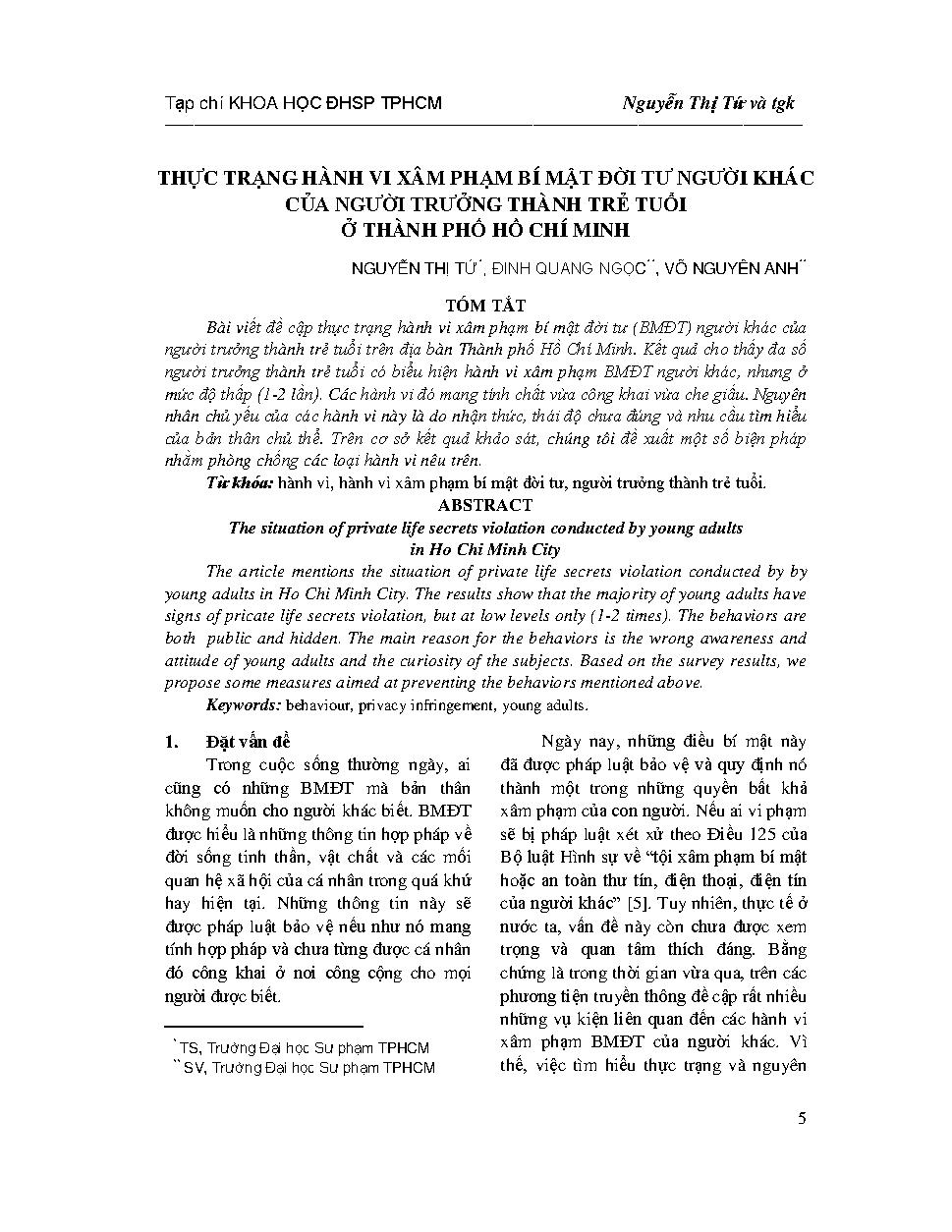 Thực trạng hành vi xâm phạm bí mật đời tư người khác của người trưởng thành trẻ tuổi ở Thành phố Hồ Chí Minh