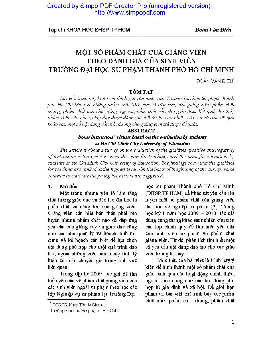 Một số phẩm chất của giảng viên theo đánh giá của sinh viên trường Đại học Sư phạm Thành phố Hồ Chí Minh