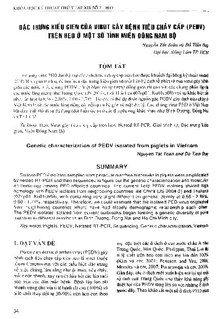 Đặc trưng kiểm gen của virut gây bệnh tiêu chảy cấp trên heo (PEDV) ở một số tỉnh miền Đông Nam Bộ