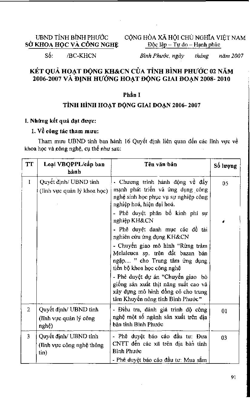 Kết quả hoạt động KH và CN tỉnh Bình Phước 2 năm 2006-2007 và định hướng hoạt động giai đoạn 2008-2010