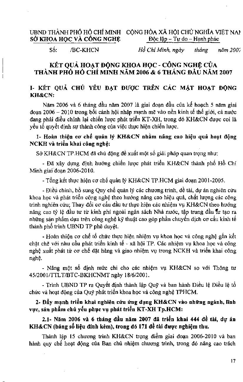 Kết quả hoạt động Khoa học - Công nghệ của Thành phố Hồ Chí Minh năm 2006 và 6 tháng đầu năm 2007