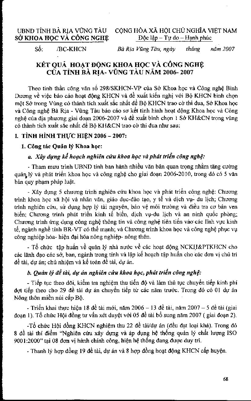 Kết quả hoạt động Khoa học và Công nghệ của tỉnh Bà Rịa - Vũng Tàu năm 2006-2007