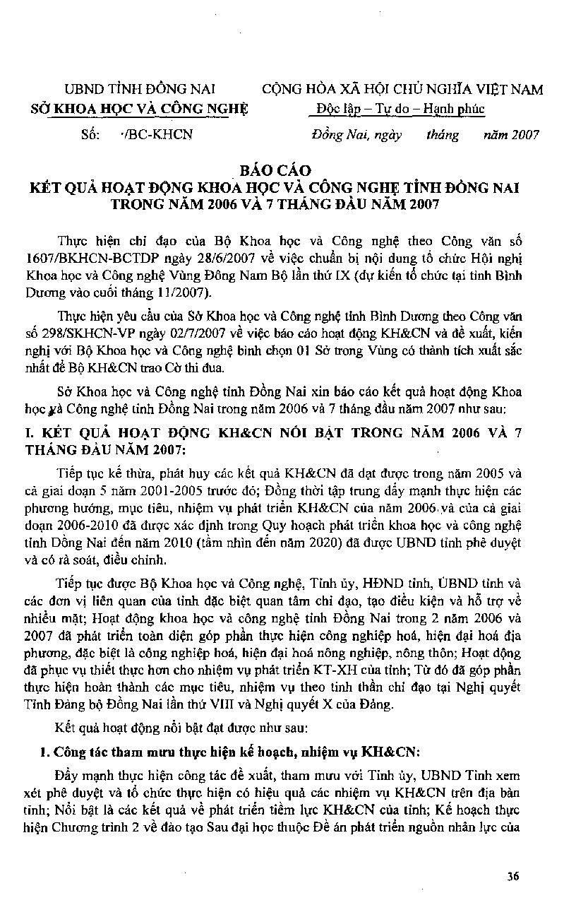 Báo cáo kết quả Khoa học Công nghệ tỉnh Đồng Nai trong năm 2006 và 7 tháng đầu năm 2007