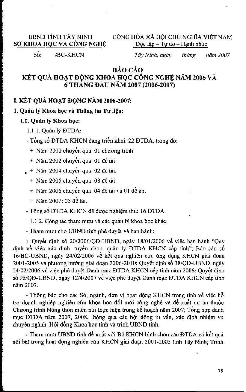 Báo cáo kết quả Khoa học Công nghệ trong năm 2006 và 7 tháng đầu năm 2007 (tỉnh Tây Ninh)