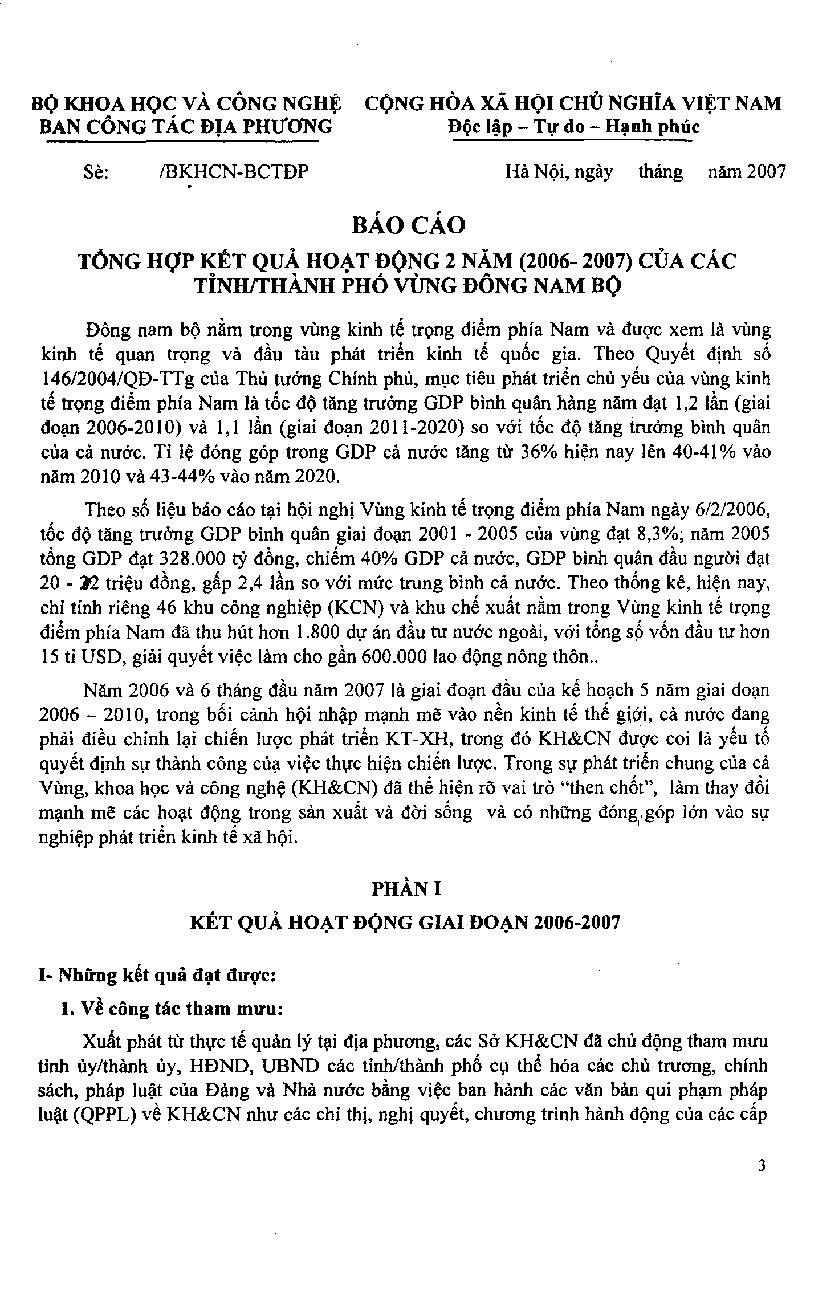 Báo cáo tổng hợp kết quả hoạt động 2 năm (2006-2007) của các tỉnh/Thành phố vùng Đông Nam Bộ