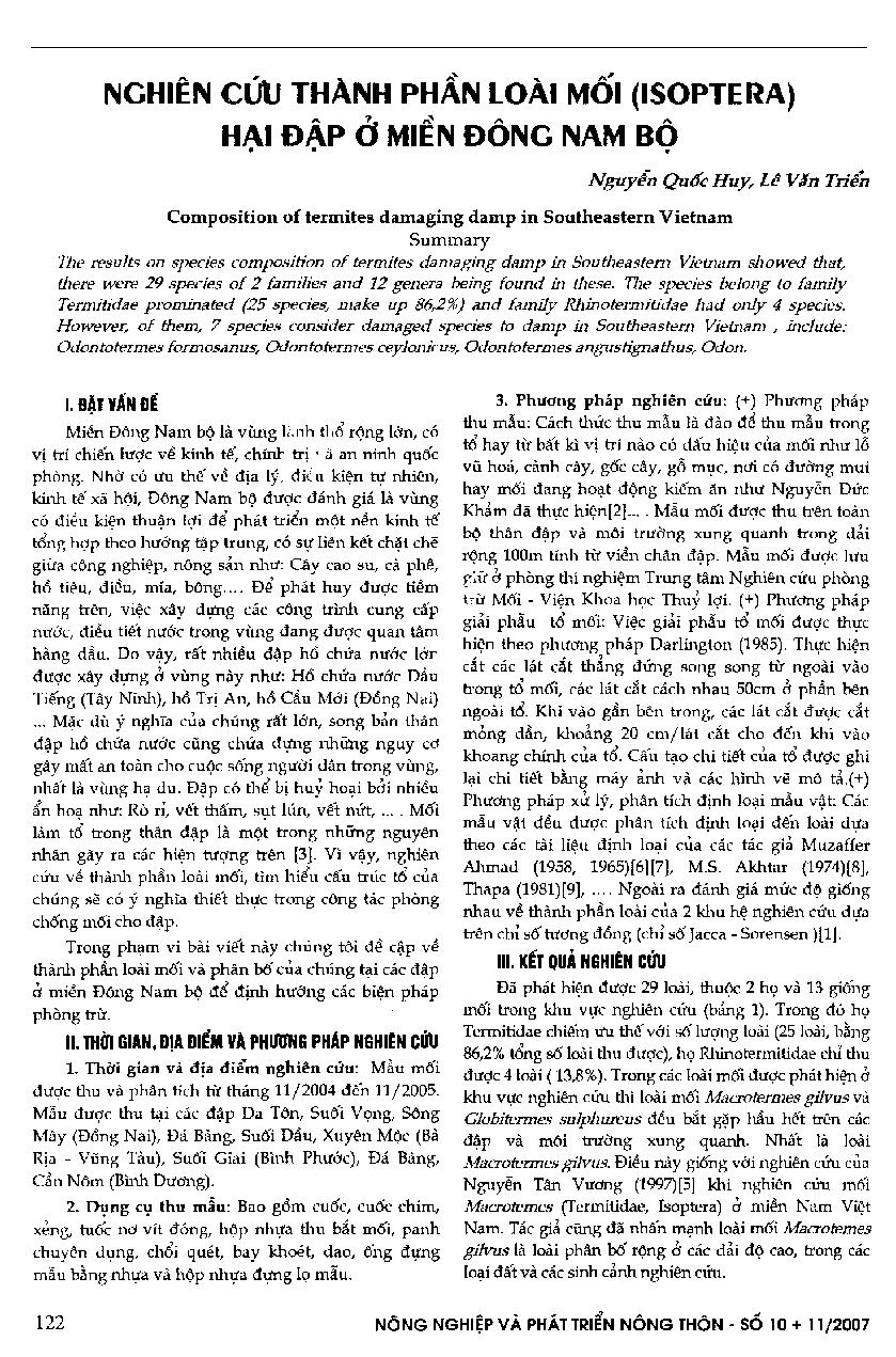 Nghiên cứu thành phần loài mối (ISOPTERA) hại đập ở Đông Nam Bộ