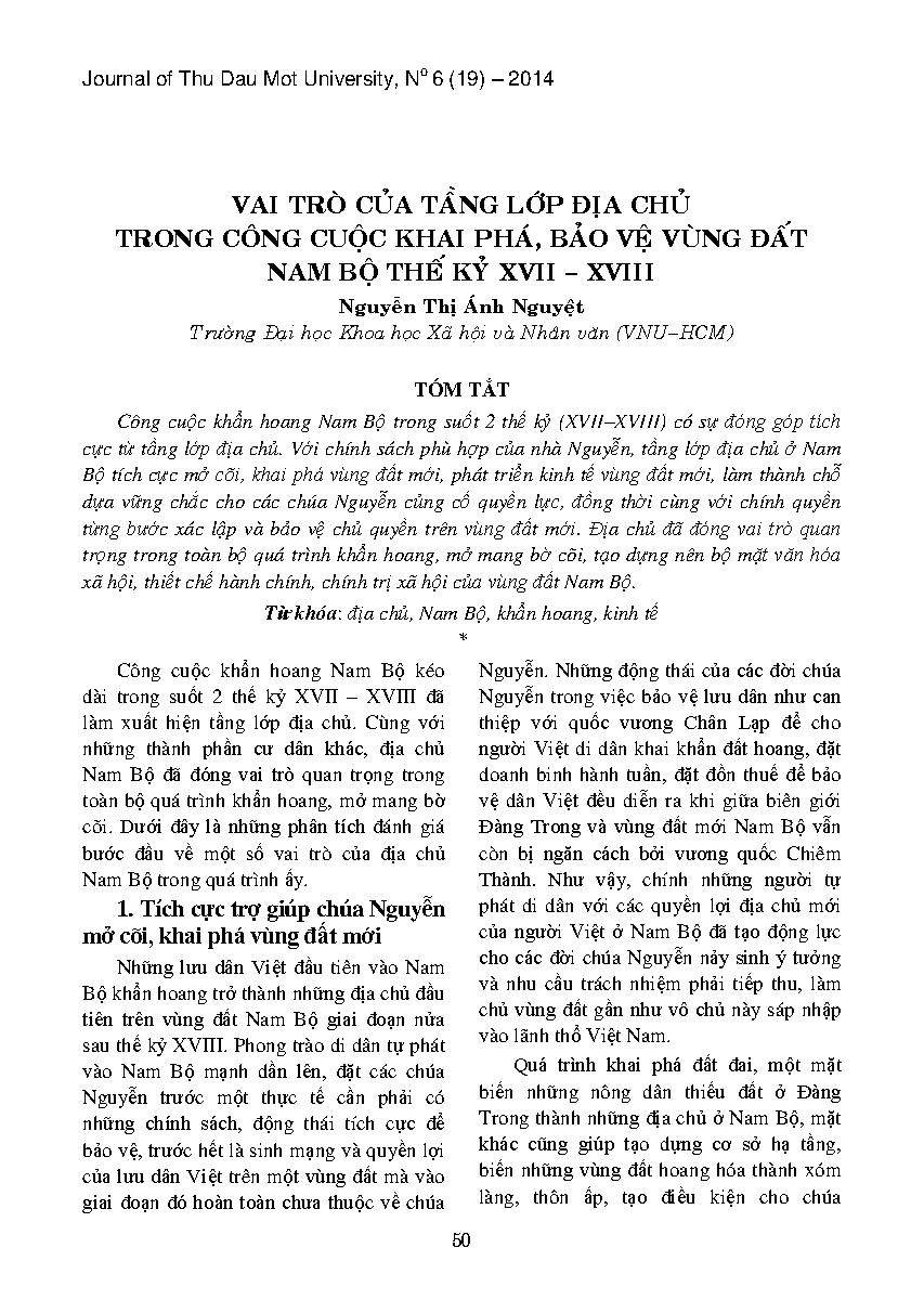 Vai trò của tầng lớp địa chủ trong công cuộc khai phá, bảo vệ vùng đất Nam Bộ thế kỷ XVIII