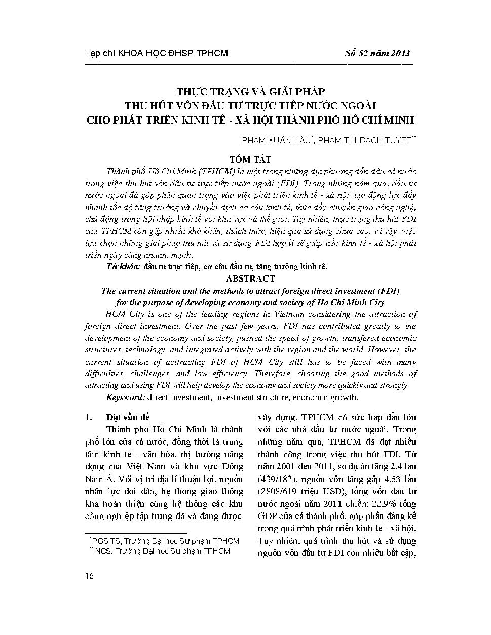 Thực trạng và giải pháp thu hút vốn đầu tư trực tiếp nước ngoài cho phát triển kinh tế - xã hội Thành phố Hồ Chí Minh