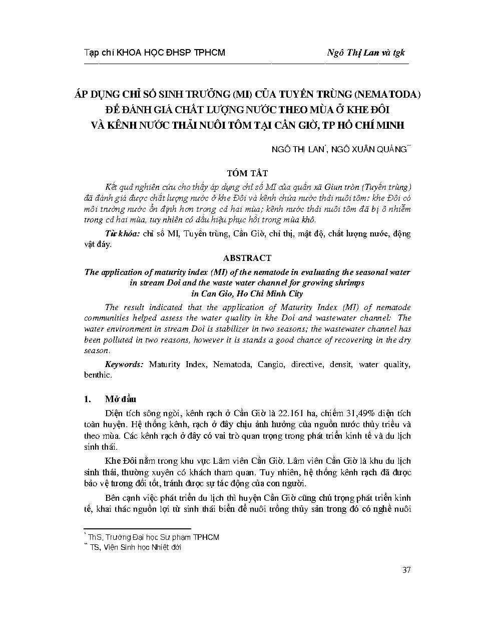 Áp dụng chỉ số sinh trưởng (MI) của tuyến trùng (NEMATODA) để đánh giá chất lượng nước theo mùa ở khe đôi và kênh nước thải nuôi tôm tại Cần Giờ, Thành Phố Hồ Chí Minh