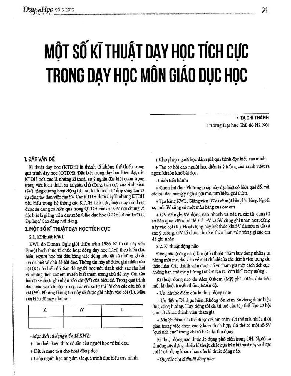 Một số kỹ thuật dạy học tích cực trong day học môn giáo dục học