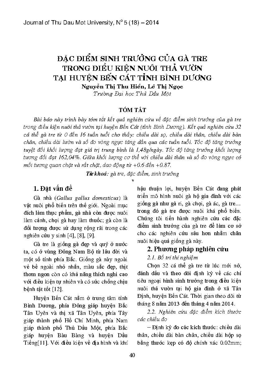 Đặc điểm sinh trưởng của gà tre trong điều kiện nuôi thả vườn tại huyện Bến Cát tỉnh Bình Dương