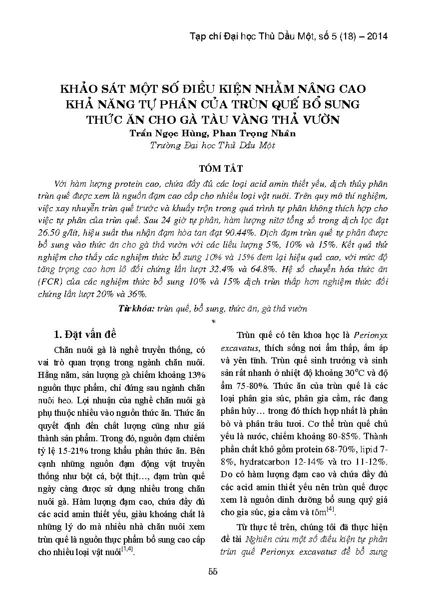 Khảo sát một số điều kiện nhằm nâng cao khả năng tự phân của trùn quế bổ sung thức ăn cho gà tàu vàng thả vườn