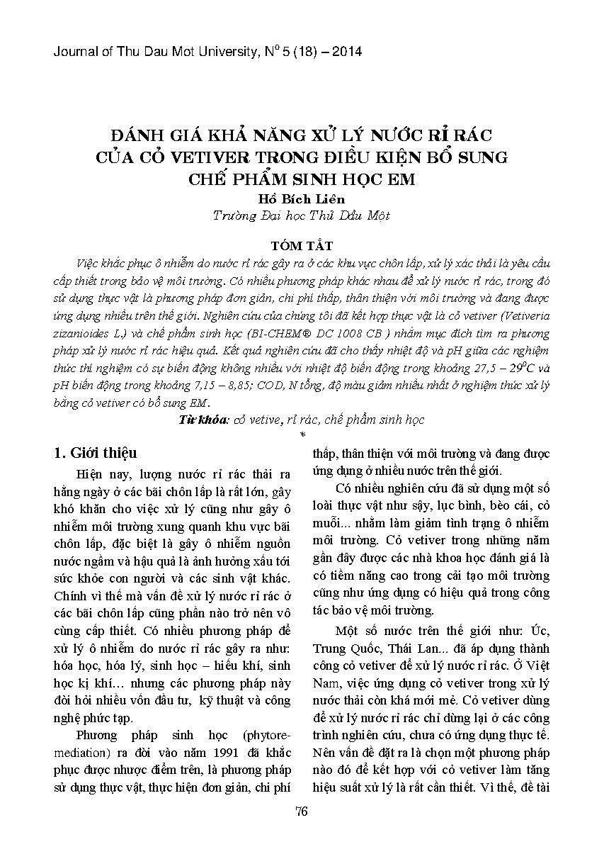 Đánh giá khả năng xử lý nước rỉ rác của cỏ vetiver trong điều kiện bổ sung chế phẩm sinh học em